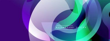 Soyut tasarım özellikleri üst üste binen şeffaf daireler. Gradyan renkler mor, mavi, yeşil, beyaz karışımı dinamik görsel efekt yaratır. Dijital projeler için modern arkaplan.