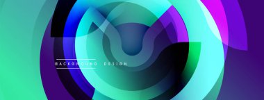 Soyut canlı tasarım dairesel katmanlarla örtüşen özellikler. Renkler karışımı, mor, mavi, yeşil, dinamik görsel efekt. Modern, pürüzsüz gradyanlar kompozisyona hakim.
