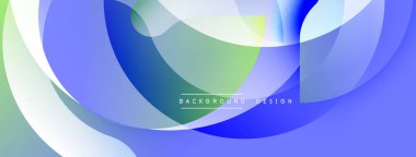 Soyut sıvı şekilleri üst üste binerek dinamik mavi, yeşil, beyaz bileşim oluşturur. Yumuşak eğimler hareketi gösterir, modern tasarım estetiği. Mevcut en küçük metin.