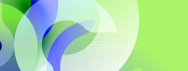 Soyut arkaplan özellikleri üst üste binen şeffaf çemberler. Yeşil, mavi renkler modern, dinamik görsel efekt yaratıyor. Yumuşak eğimler yumuşak estetik sunar.