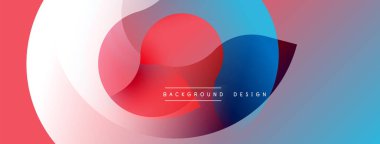 Soyut tasarım özellikleri üst üste binen renkli daireler. Kırmızı, mavi, pembe renkler düzgün bir şekilde harmanlanarak dinamik görsel efekt yaratır. Çeşitli projeler için modern arkaplan.