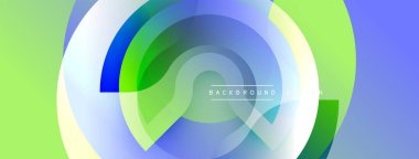 Soyut dairesel tasarım. Üstüste binen yarı saydam şekiller dinamik görsel efekt yaratır. Mavi, yeşil, beyaz renkler düzgün bir şekilde harmanlanır. Modern arkaplan dokusu.
