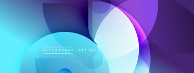 Üstüste binen şeffaf şekilleri içeren soyut bileşim. Renkler canlı mavilerden, morlardan yumuşak pembelere karışıyor. Modern tasarım akıcılık, derinlik ve görsel uyumu çağrıştırır..