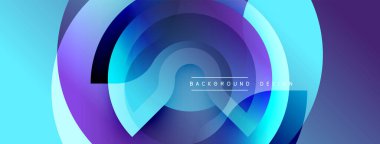Üst üste binen daireler içeren soyut kompozisyon, maviden mora gradyanlar. Modern tasarım derinliği, akıcılığı ve görsel uyumu çağrıştırıyor. Arka planlar için minimalist estetik.