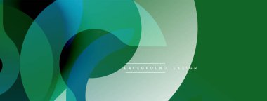 Soyut tasarım özellikleri üst üste binen daireler, gradyanlar. Gölgeler koyu griden canlı yeşile kadar değişebiliyor, dinamik görsel etki yaratıyor. Minimalist tarz, modern estetik.