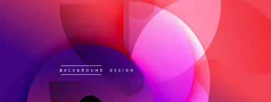Soyut arkaplan özellikleri üst üste binen şeffaf çemberler. Kademeli geçişler mor, pembe ve canlı kırmızı renklere kayar. Modern tasarım akıcılığı ve dinamizmi çağrıştırıyor..