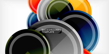 Soyut daireler çakışıyor, dinamik bileşim oluşturuyor. Canlı mavi, turuncu, yeşil ve gümüş çizgileri var. Modern tasarım arka planlar, şablonlar, sunumlar için uygundur. Temiz, geometrik estetik.