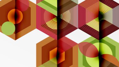 Soyut geometrik desen. Üst üste binen altıgenler, üçgenler, daireler karmaşık görsel doku oluşturur. Sıcak renk paleti baskın, turuncu, yeşil, kırmızı tonlarda. Modern tasarım ögesi.