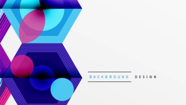Soyut geometrik bileşim. Altıgenler, daireler örtüşür ve canlı gradyanlar yaratır. Mor, mavi, pembe baskın tasarım. Modern, temiz estetik arka planlar.