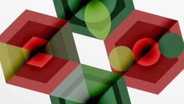 Soyut geometrik bileşim. Kırmızı, yeşil renkler illüzyon küpleri, küreler oluşturur. Çizgiler derinlik ve perspektif gösteriyor. Minimalist tasarım, modern estetik.