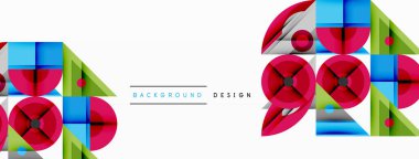 Soyut geometrik desen. Parlak şekilli daireler, kareler, üçgen turlar dinamik kompozisyon oluşturuyor. Canlı renkler kırmızı, mavi, yeşil. Arka planlar için modern tasarım ögesi.