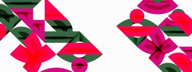 Soyut geometrik şekiller örtüşür, çiçek desenleri oluşturur. Pembe, yeşil renkler beyaz arkaplana hakim. Modern tasarım, temiz çizgiler, eğlenceli kompozisyon.