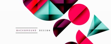 Soyut geometrik bileşim. Üst üste binen daireler, üçgenler dinamik görsel efekt yaratır. Canlı renkler, maviler, beyaz uzaya karşı mor kontrast. Modern tasarım ögesi.