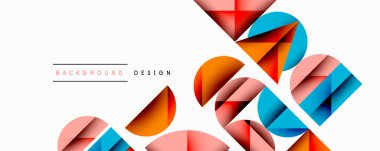 Soyut geometrik bileşim. Üst üste binen daireler, üçgenler dinamik görsel efekt yaratır. Sıcak, serin renkler harmanlanarak modern arkaplan tasarımı oluşturur. Minimalist stil.