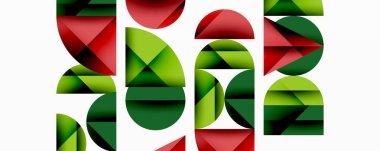 Soyut geometrik bileşim. Kırmızı, yeşil şekiller üst üste yığılmış sütunlar oluşturuyor. Minimalist tasarım, temiz çizgiler, modern estetik. Kalın renkler, görsel uyum.