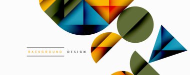 Soyut geometrik şekiller örtüşüyor, canlı renk eğimleri yaratıyor. Kompozisyon, beyaz arkaplanda üçgenler, daireler, dikdörtgenler içerir. Modern tasarım ögesi.