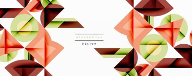 Soyut geometrik bileşim. Üst üste binen şekiller dinamik görsel efekt yaratır. Renkler arasında kırmızı, yeşil ve turuncu renkler var. Arka planlar için modern tasarım ögesi.