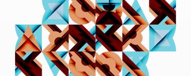 Soyut geometrik desen. Üçgen şekilleri tekrarlamak karmaşık doku yaratır. Sıcak kahverengiler, açık maviler, bej renkler kompozisyona hakim. Minimalist tasarım, modern estetik.