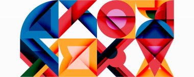 Soyut geometrik bileşim. Üst üste binen şekil açıları, daireler, kareler dinamik görsel etkileşim yaratır. Parlak renkler baskın gelir, koyu bir kontrast sunar. Modern tasarım.