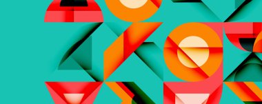 Soyut geometrik bileşim. Üst üste binen şekiller, dinamik görsel ilgi yaratır. Parlak renklendirici, kırmızı, tealdominant tasarım. Minimalist estetik, modern his.