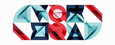 Soyut geometrik bileşim. Şekiller birbirine kenetlenir, dinamik görsel etki yaratır. Kırmızı, mavi, cyan renkleri tasarımda baskın. Modern, minimalist estetik.