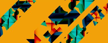 Soyut geometrik şekiller canlı turuncu arka planla örtüşür. Açısal biçimler dinamik bileşim oluşturur. Deniz mavisi, deniz mavisi ve kırmızı renkler kullanılır. Modern tasarım enerjiyi ve hareketi çağrıştırıyor..