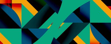 Soyut geometrik bileşim. Keskin üçgenler kesişiyor, dinamik görsel doku oluşturuyor. Renkler canlı mercandan ılık turuncuya, artı koyu mavi ve siyahlara kadar değişiyor. Modern tasarım.