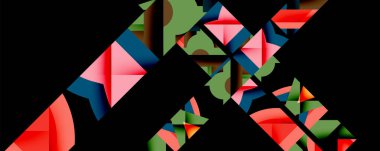 Soyut geometrik bileşim. Üst üste binen şekiller dinamik görsel efekt yaratır. Renkler arasında kırmızı, yeşil, mavi ve siyah arkaplan yer alıyor. Modern tasarım elemanları.