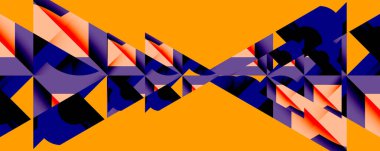 Soyut geometrik bileşim. Kalın şekiller birbirine kenetlenir, dinamik görsel ritim yaratır. Turuncu, mor, koyu mavi renkler canlı arkaplanı domine eder. Modern tasarım.