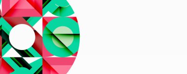 Soyut geometrik bileşim. Üst üste binen şekiller, dinamik görsel ilgi yaratır. Pembe, yeşil, beyaz baskın tasarım. Minimalist estetik, modern his. Temiz çizgiler, kalın renkler.