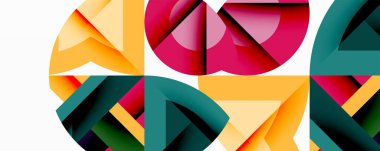 Soyut geometrik bileşim. Üst üste binen şekiller dinamik görsel efekt yaratır. Parlak renkler, gradyanlar, modern tasarım elementleri mevcut. Minimalist estetik.