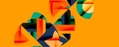 Soyut geometrik bileşim. Parlak turuncu arka plan, üst üste binen şekil açıları, dikdörtgenler, kıvrımlar. Canlı renkler arasında deniz mavisi, deniz mavisi, kırmızı, sarı vardır. Modern tasarım.