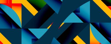 Soyut geometrik bileşim. Keskin açılar, canlı renkler dinamik görsel deneyimler yaratır. Maviler, portakallar, sarılar dizaynın hakimi..