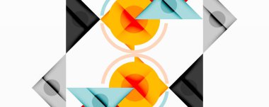 Geometrik soyut özellikler tekrarlanan şekiller. Üçgenler, daireler, kavisler simetrik desenler yaratır. Renkler turuncu, gri, açık mavi, siyah. Minimalist tasarım, temiz çizgiler, modern estetik..