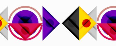 Daireler, üçgenler, kareler içeren soyut geometrik bileşim. Canlı mor, pembe, sarı, siyah renkler tasarımda baskın. Modern, minimalist estetik.