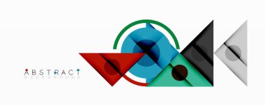 Geometrik şekiller dinamik bileşim oluşturur. Çemberler, üçgenler, çizgiler modern soyut tasarımı oluşturur. Parlak renkler daha koyu gölgelerle tezat oluşturur. Minimalist stil.