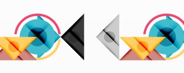 Çemberler, üçgenler, kavisler içeren soyut geometrik bileşimler. Üst üste binen şekiller, dinamik görsel ilgi yaratır. Renk paletleri canlı ve tek renkli sürümler arasında farklılık gösterir.