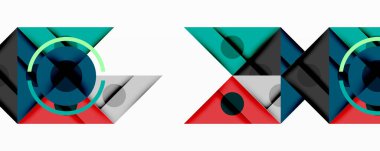 Geometrik şekiller üst üste binerek modern soyut kalıplar yaratıyor. Teal, kırmızı, gri, siyah renkler kompozisyona hakim. Minimalist tasarım teknoloji ve yenilik öneriyor.