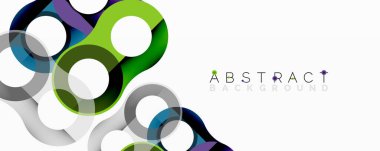 Modern tasarım üst üste binen renkli kurdeleler, daireler, gri gölgeler içerir. Temiz beyaz arka plan canlı renkleri artırır, dinamik görsel efekt yaratır.