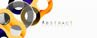 Modern soyut tasarım üst üste binen daireler, canlı turuncu, mavi, gri tonlarda. Temiz beyaz arkaplan karşıtlık sağlar, dinamik görsel etki yaratır.