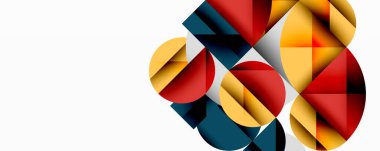 Soyut geometrik bileşim. Üst üste binen daireler, üçgenler dinamik görsel efekt yaratır. Beyaz arka plana karşı sıcak ve serin renkler. Modern tasarım ögesi.