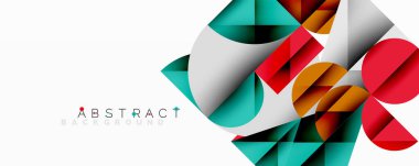 Geometrik şekiller örtüşür ve canlı bir bileşim yaratır. Teal, kırmızı, altın, beyaz baskın tasarım. Modern estetik, arka planlar ve sunumlar için uygun. Temiz çizgiler, dinamik his.