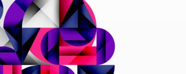 Soyut geometrik bileşim. Üst üste binen şekiller, dinamik görsel ilgi yaratır. Mor, pembe, donanma baskın palet. Temiz çizgiler, modern estetik. Minimalist tasarım.