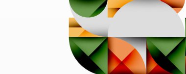 Soyut geometrik bileşim. Üst üste binen kıvrımlı şekiller dinamik görsel efekt yaratır. Renkler arasında yeşil, turuncu, beyaz, kırmızı yer alıyor. Geniş negatif alanı olan minimalist tasarım.