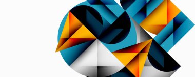 Soyut geometrik bileşim. Şekiller çakışıyor, dinamik görsel etki yaratıyor. Renkler arasında mavi, turuncu, beyaz, siyah yer alıyor. Modern tasarım ögesi.