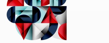 Soyut geometrik bileşim. Şekiller örtüşüyor, dinamik görsel ilgi yaratıyor. Kırmızı, mavi, açık mavi, gri, beyaz renkler tasarımda baskın. Modern estetik.