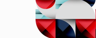 Soyut geometrik bileşim. Üst üste binen şekiller, kırmızı, beyaz, mavi renkler modern görsel etki yaratır. Minimalist tasarım, temiz çizgiler, dinamik düzenleme.