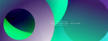 Üst üste binen daireler, gradyanlar içeren soyut kompozisyon. Mor, deniz mavisi, yeşil renkler modern görsel deneyimi sorunsuzca harmanlıyor. Minimalist tasarım arka planlar için uygundur.