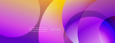 Soyut renkli arkaplan özellikleri üst üste binen daireler, mordan turuncuya dönüşen gradyanlar. Modern tasarım dijital projeler ve sunumlar için uygundur.