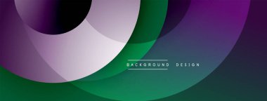 Üst üste binen daireler içeren soyut kompozisyon. Mor, yeşil, gümüş renkler dinamik görsel efekt yaratır. Arkaplan ve sunumlar için uygun modern tasarım.